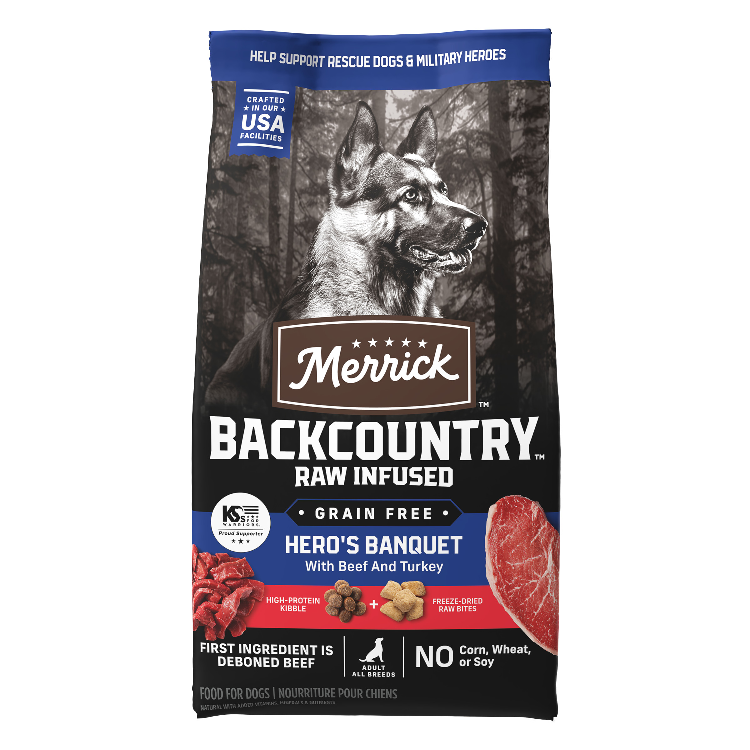 Merrick Backcountry Grain Free Dry Adult Dog Food, Kibble With Freeze Dried Raw Pieces Heros Banquet Recipe 4-lb