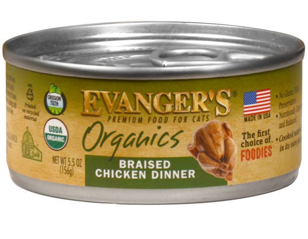 Evangers Organic Braised Chicken Canned Cat Food 5oz case of 24