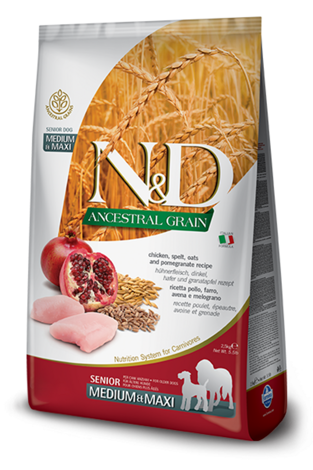 Farmina ND Natural Delicious Ancestral Grain Chicken Pomegranate Medium Maxi Senior Dry Dog Food 55lb Farmina ND Natural Delicious Ancestral Grain Chicken Pomegranate Medium Maxi Senior Dry Dog Food 55lb