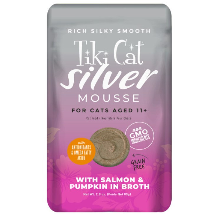 Tiki Cat Silver Mousse Salmon  Pumpkin Wet Cat Food for Senior Cats Food Pouch 28oz case of 12