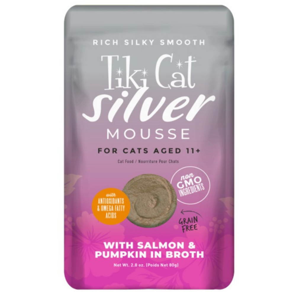 Tiki Cat Silver Mousse Salmon  Pumpkin Wet Cat Food for Senior Cats Food Pouch 28oz case of 12
